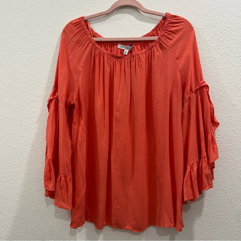 Fever Brand Women's Coral Flowy Pullover Peasant Blouse with ruffled sleeve L